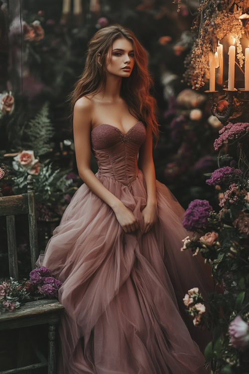 A stylish woman in a dusty rose ballgown with a sweetheart neckline, corset-style bodice, and layered skirt, standing near a floral wedding bench lit with candles