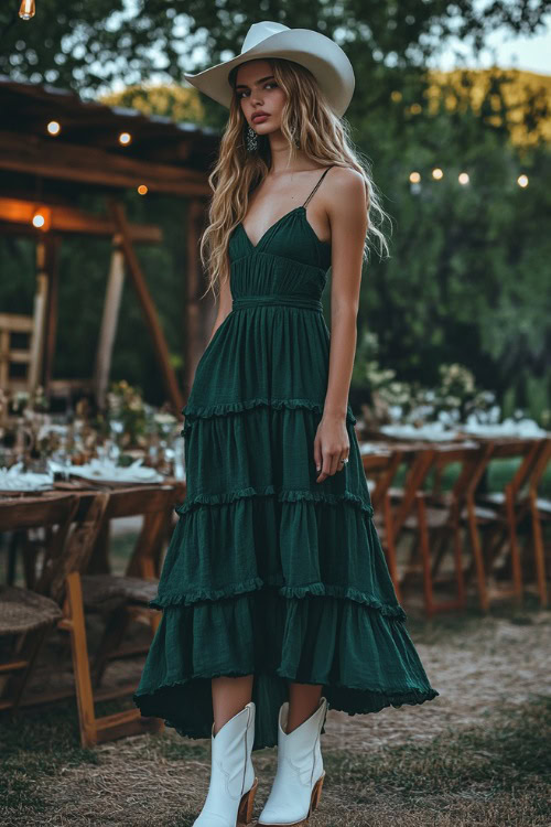 A stylish woman in a forest green tiered maxi dress with spaghetti straps and ruffle accents, paired with white cowboy boots (2)