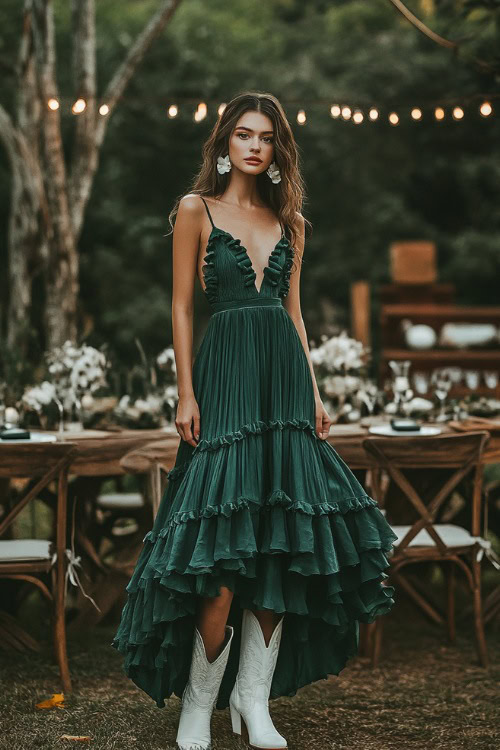 A stylish woman in a forest green tiered maxi dress with spaghetti straps and ruffle accents, paired with white cowboy boots