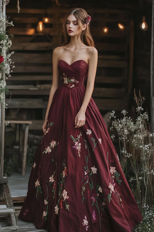 A stylish woman in a maroon A-line midi dress with floral embroidery, a sweetheart neckline, and a flared hemline, standing near a rustic spring wedding stage