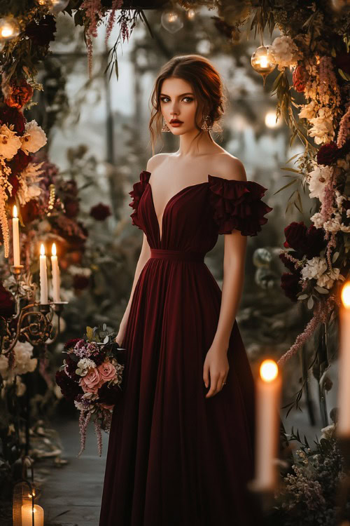 A stylish woman in a maroon A-line tea-length dress with a square neckline and ruffled sleeves, standing near a candlelit floral wedding arch indoors