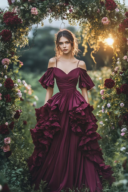 A stylish woman in a maroon high-low gown with flutter sleeves, a ruched bodice, and a layered skirt, standing near a softly lit wedding arch surrounded by wildflowers