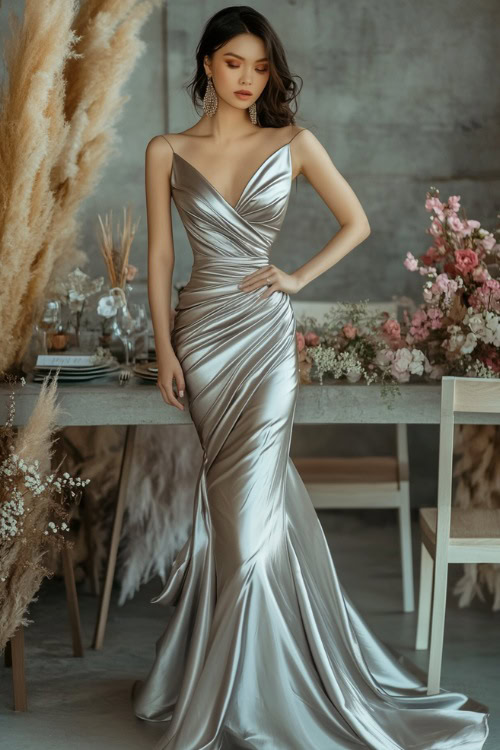 A stylish woman in a metallic silver sheath dress with asymmetrical ruffles, a cinched waist, and a flowing hemline, posing near a minimalist spring wedding reception table