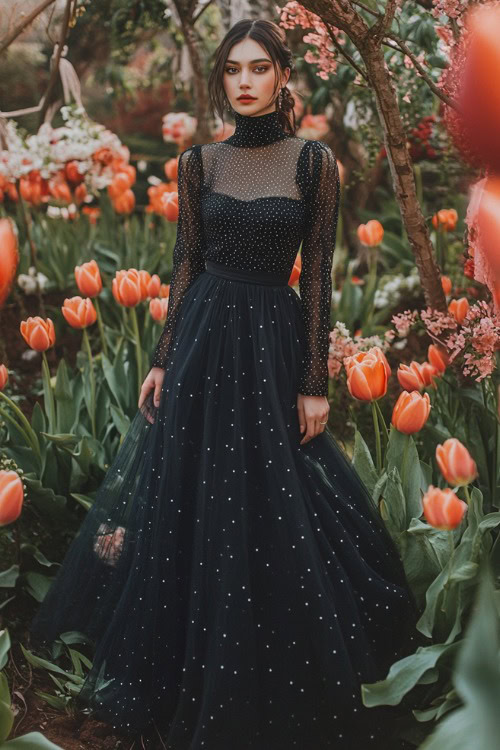 A stylish woman in a navy tea-length dress with a mock turtleneck, sheer polka-dot sleeves, and an asymmetrical hemline, standing near a floral wedding setup surrounded by tulips