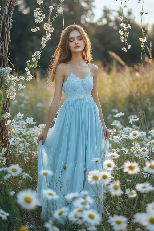 A stylish woman in a pastel blue sleeveless A-line dress with a gathered skirt, adjustable straps, and floral detailing, standing near a rustic wedding setup surrounded by daisies