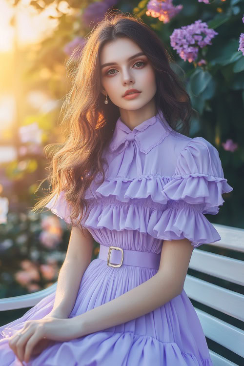 A stylish woman in a pastel lavender collared dress with a cinched belt, a tiered skirt, and scalloped hemline, posing near a brightly lit spring wedding bench