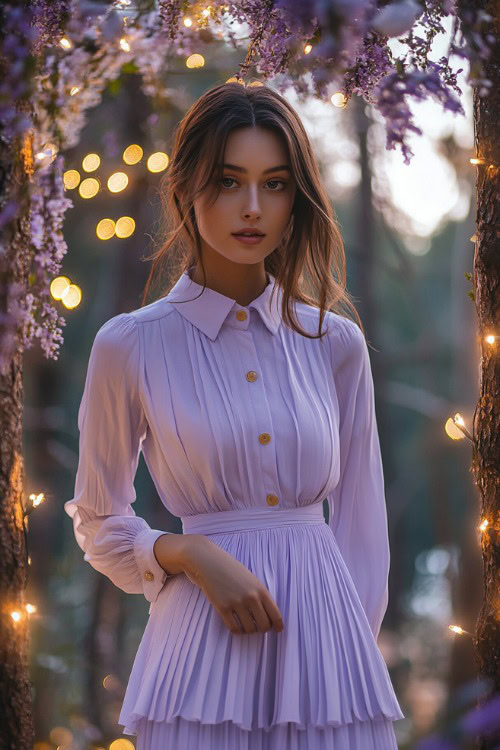 A stylish woman in a pastel lavender collared shirt dress with a cinched waist and pleated skirt, standing near a rustic floral wedding arch adorned with fairy lights