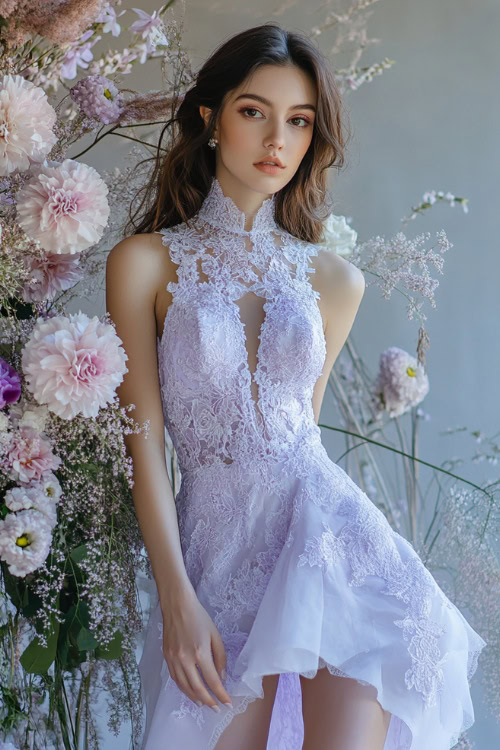 A stylish woman in a pastel lavender high-low midi dress with an illusion neckline, lace embroidery, and an asymmetrical hemline, standing near a softly glowing floral wedding centerpiece