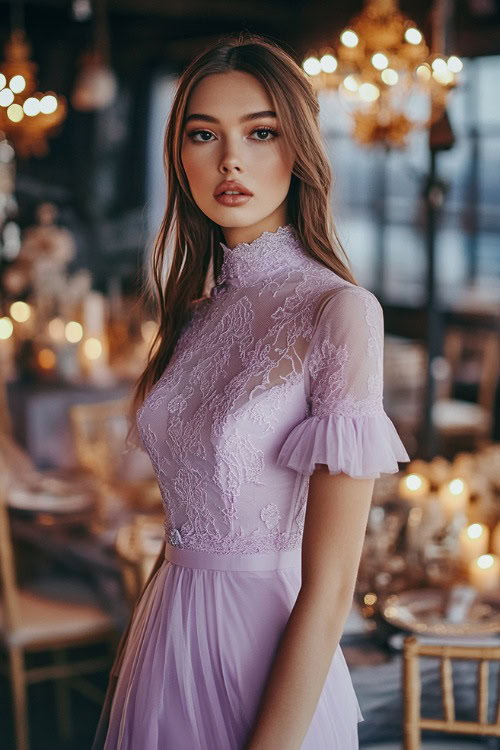 A stylish woman in a pastel lavender high-neck midi dress with sheer lace sleeves and a tiered hemline, standing near a candlelit spring wedding reception area