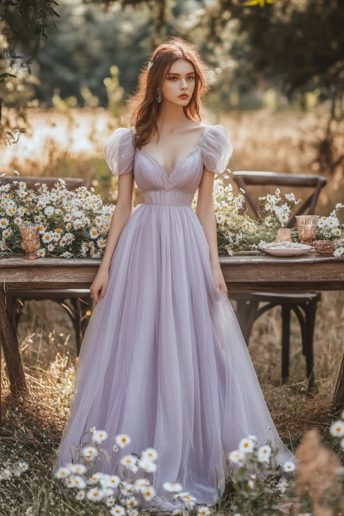 A stylish woman in a pastel lavender knee-length bubble dress with a ruched bodice, short flutter sleeves, and a tulip hemline, standing near a rustic wedding table surrounded by daisies