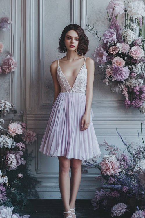 A stylish woman in a pastel lavender knee-length cocktail dress with spaghetti straps, a pleated skirt, and lace appliqués