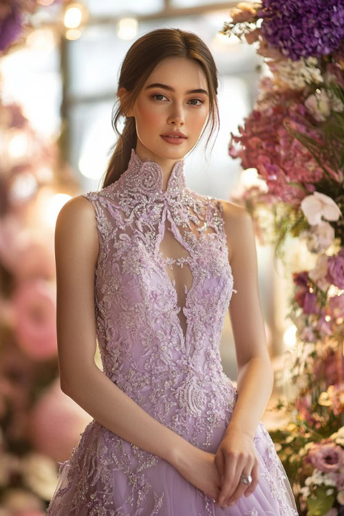 A stylish woman in a pastel lavender sleeveless midi dress with a keyhole neckline and subtle floral embroidery, standing near a brightly lit floral wedding stage