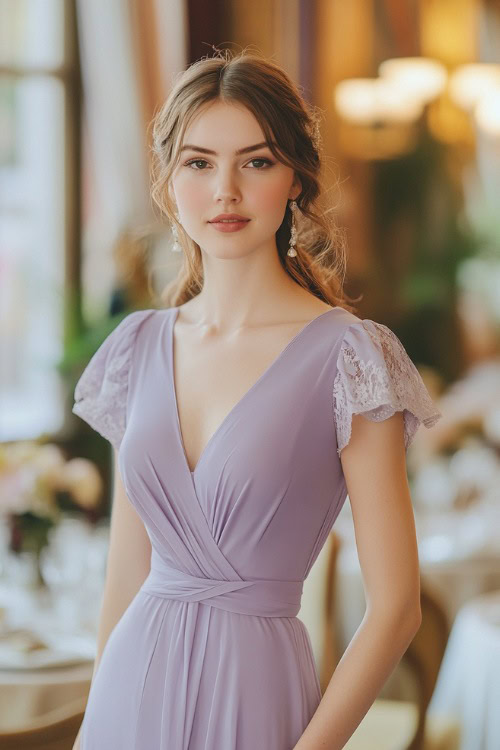 A stylish woman in a pastel lavender wrap midi dress with a scalloped hem, subtle lace accents, and short puff sleeves, standing near a brightly lit wedding reception area