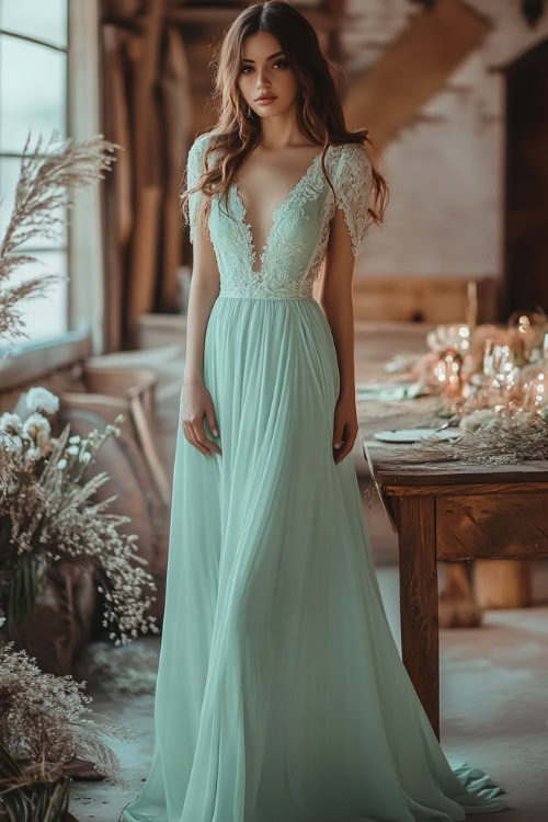 A stylish woman in a pastel mint green empire-waist maxi dress with short lace sleeves, subtle embroidery, and a flowing hemline, standing near a softly glowing wedding reception table (2)