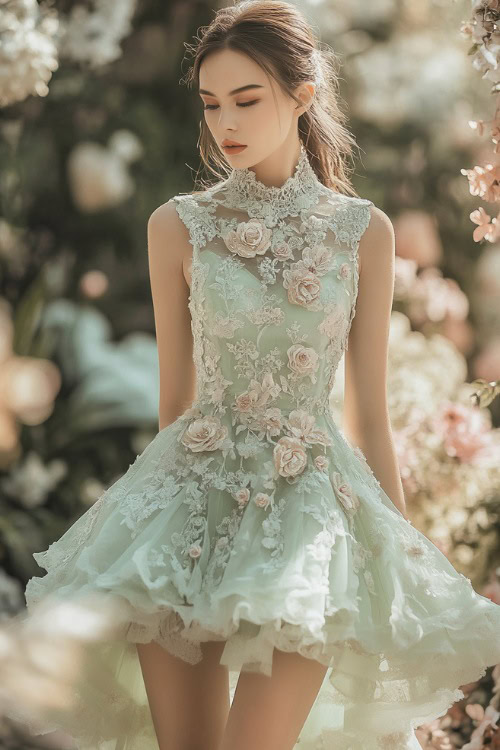 A stylish woman in a pastel mint green short sleeveless dress with floral lace embroidery, a flared hem, and a fitted bodice, standing near a brightly lit spring garden wedding stage