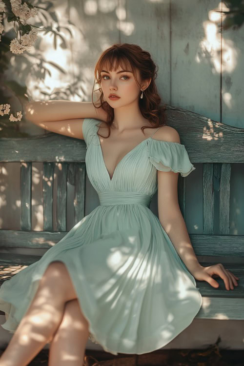 A stylish woman in a pastel mint green tea-length A-line dress with flutter sleeves, a gathered bodice, and subtle pleats