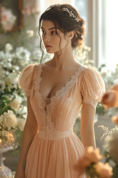 A stylish woman in a pastel peach empire-waist dress with short puff sleeves, a V-neckline, and delicate lace accents