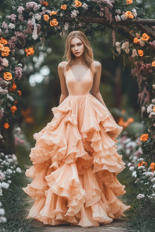 A stylish woman in a pastel peach high-low midi dress with ruffled layers and a tulip hemline, standing near a brightly lit wedding arch surrounded by spring blooms