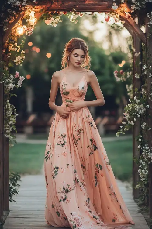 A stylish woman in a pastel peach sleeveless tea-length wrap dress with floral prints