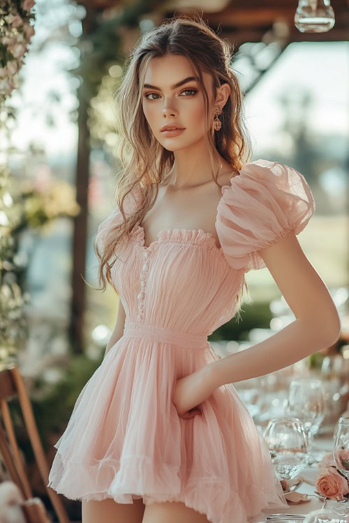 A stylish woman in a pastel pink bubble dress with short sleeves and a ruched bodice, standing near a brightly lit garden wedding reception table