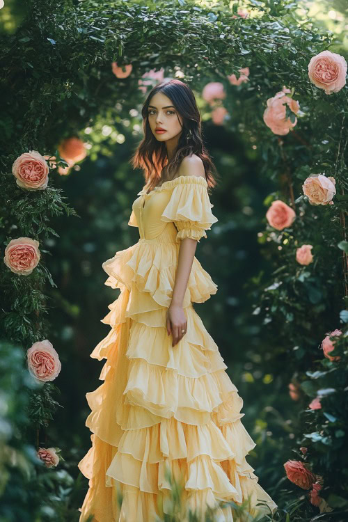 A stylish woman in a pastel yellow high-low midi dress with tiered layers and ruffled sleeves, standing near a softly lit floral wedding arch with greenery (2)