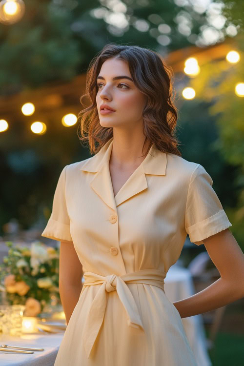 A stylish woman in a pastel yellow midi shirt dress with a belted waist, short sleeves, and a tiered skirt, standing near an elegantly lit outdoor wedding reception table