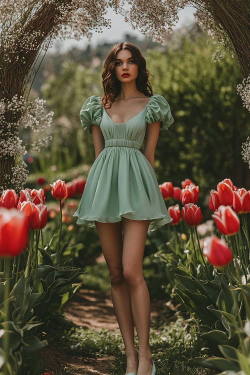 A stylish woman in a sage green short A-line dress with puff sleeves and a ruched bodice, standing near a spring wedding arch surrounded by tulips