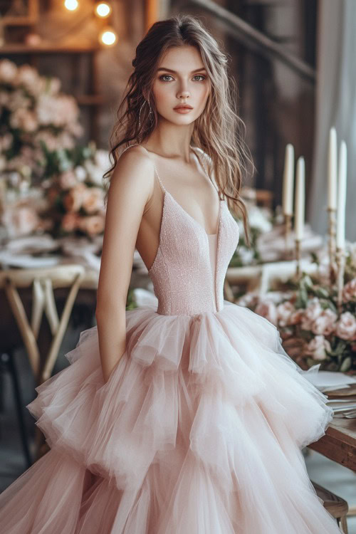 A stylish woman in a soft blush pink ballgown with a fitted bodice and a tiered tulle skirt