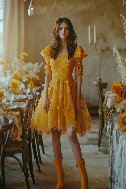 A stylish woman in a sunflower yellow tea-length dress with flutter sleeves and subtle embroidery, paired with tan knee-high boots, standing near a brightly lit wedding table