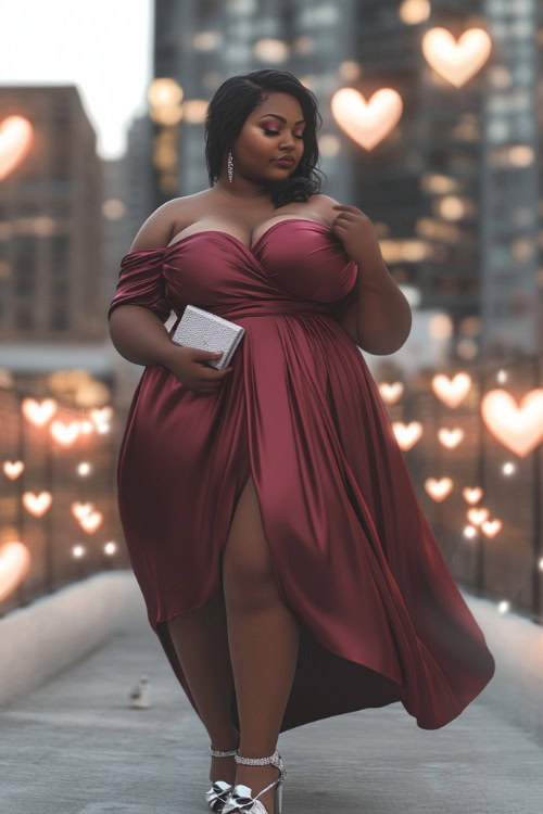 A thick woman dressed in a satin burgundy maxi dress with off-the-shoulder sleeves, silver heels, and a clutch