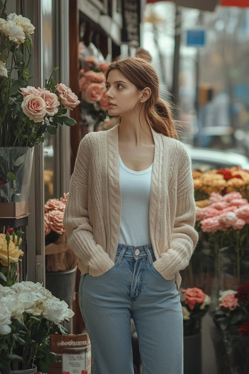 A woman dressed in a beige cable-knit cardigan over a white tank top, paired with boyfriend jeans and white sneakers