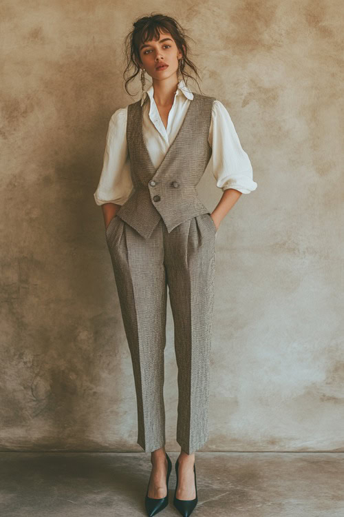 A woman dressed in a beige tailored vest over a white blouse and slim trousers, paired with pointed pumps