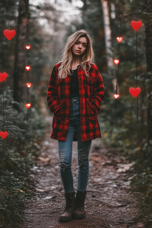 A woman dressed in a cozy red plaid shacket, distressed jeans, and hiking boots