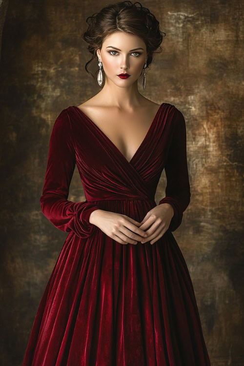 A woman dressed in a deep red velvet gown with a V-neckline and elbow-length sleeves, styled with silver drop earrings