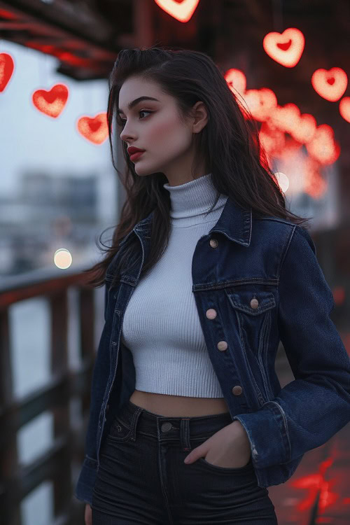 A woman dressed in a fitted white turtleneck, a cropped denim jacket, and dark jeggings