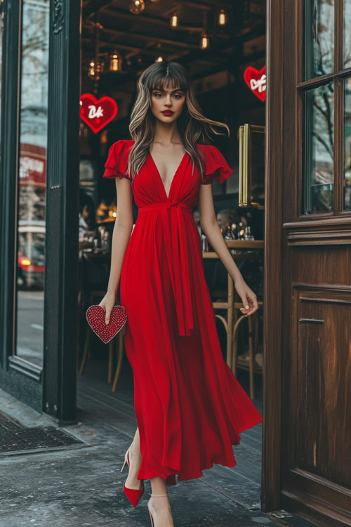 A woman dressed in a flowy red midi dress with cap sleeves and a tie waist, paired with block heels and a heart-shaped clutch