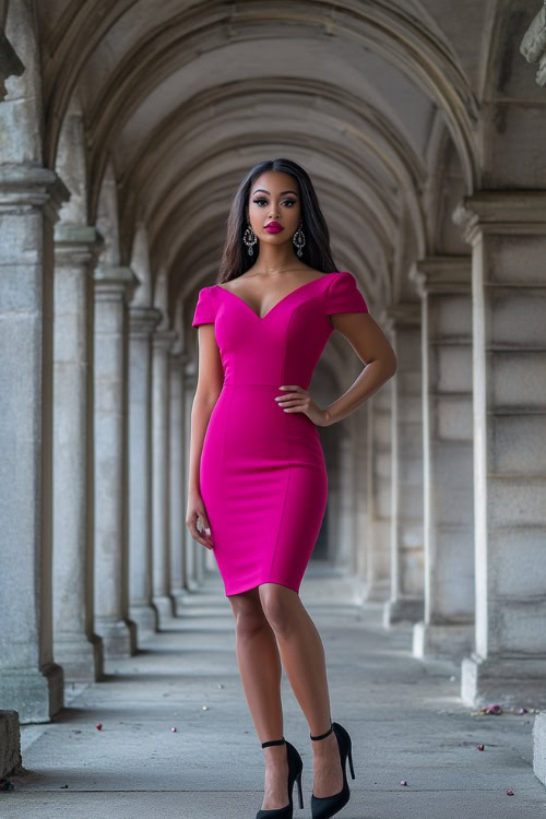 A woman dressed in a hot pink midi dress with structured shoulders, black heels