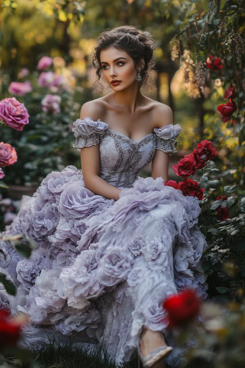 A woman dressed in a lilac off-the-shoulder gown with silver accents, paired with metallic heels