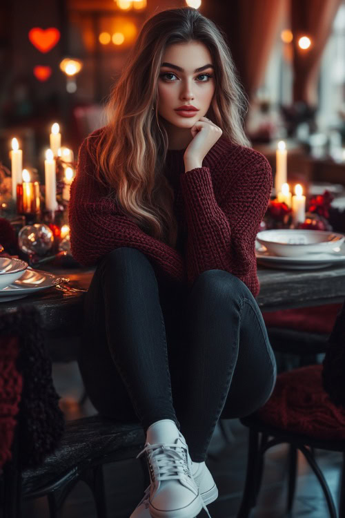 A woman dressed in a maroon knit sweater, black skinny jeans, and white sneakers, posing near a casual Valentine’s dining setup with candles,