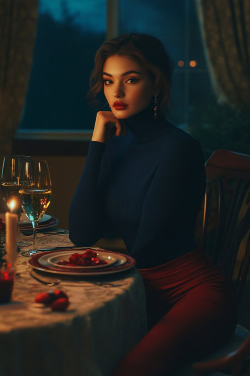 A woman dressed in a navy-blue turtleneck top, paired with red cropped trousers and flats