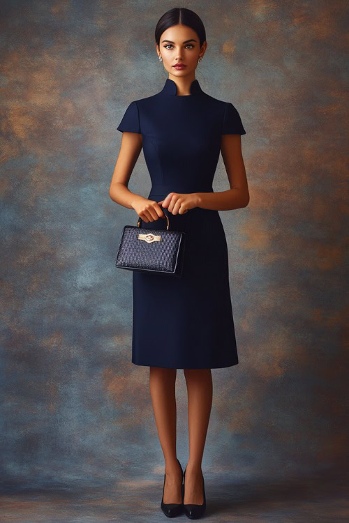 A woman dressed in a navy sheath dress with cap sleeves, accessorized with a structured handbag and pumps