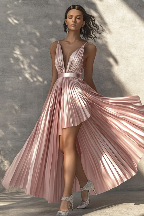 A woman dressed in a pastel pink silk gown with a pleated skirt and silver strappy heels