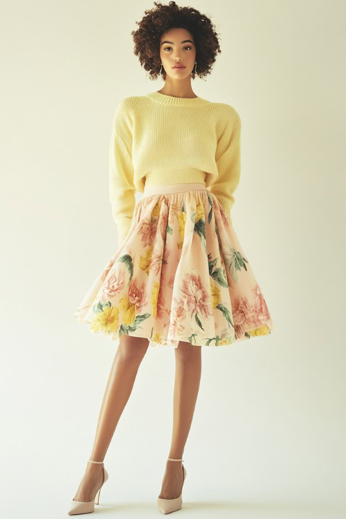 A woman dressed in a pastel yellow sweater tucked into a high-waisted floral skirt, styled with beige pumps