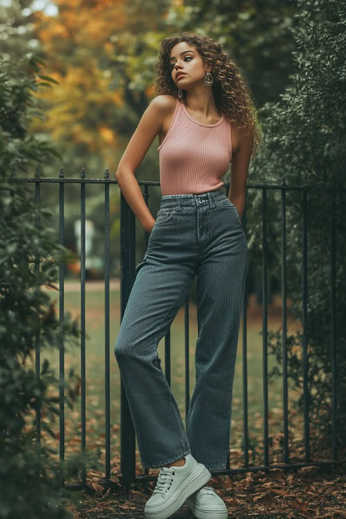 A woman dressed in a pink ribbed tank top, dark wide-leg jeans, and white platform sneakers