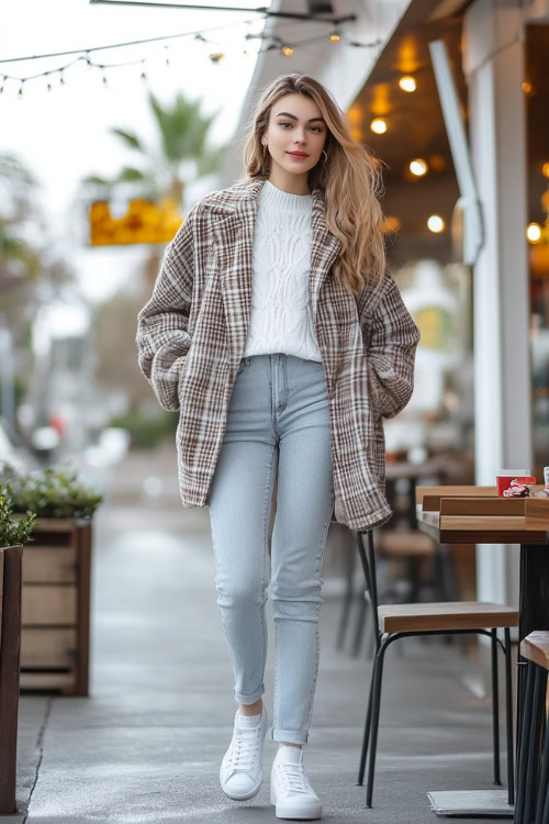 A woman dressed in a plaid shacket over a white sweater, paired with light-wash jeans and white sneakers