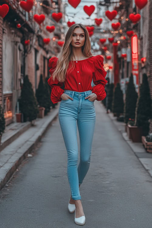 A woman dressed in a red blouse with puffed sleeves, light blue skinny jeans, and white flats