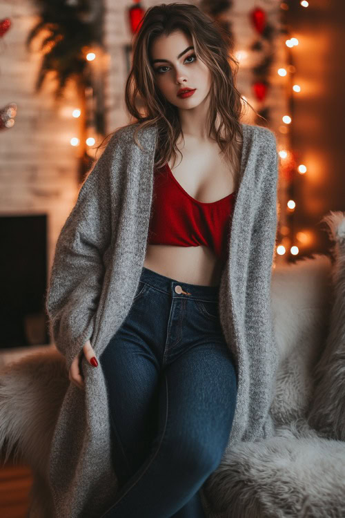 A woman dressed in a soft gray oversized cardigan, paired with a red top, dark blue skinny jeans, and flats