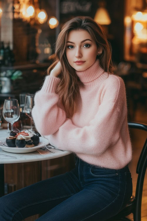 A woman dressed in a soft pink turtleneck sweater with balloon sleeves, paired with dark blue skinny jeans and black heeled boots