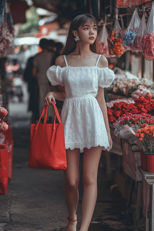 A woman dressed in a white eyelet mini dress with puffed sleeves, paired with lace-up flats and a red tote bag