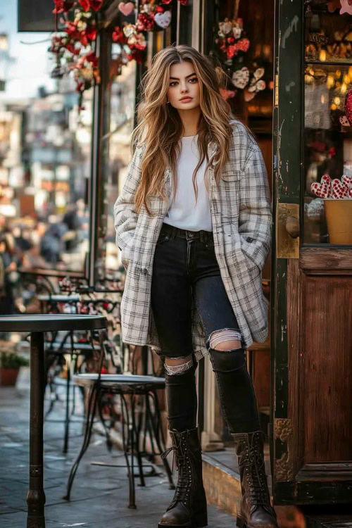 A woman dressed in a white long-sleeve shirt, a plaid oversized shacket, black jeans, and lace-up boots